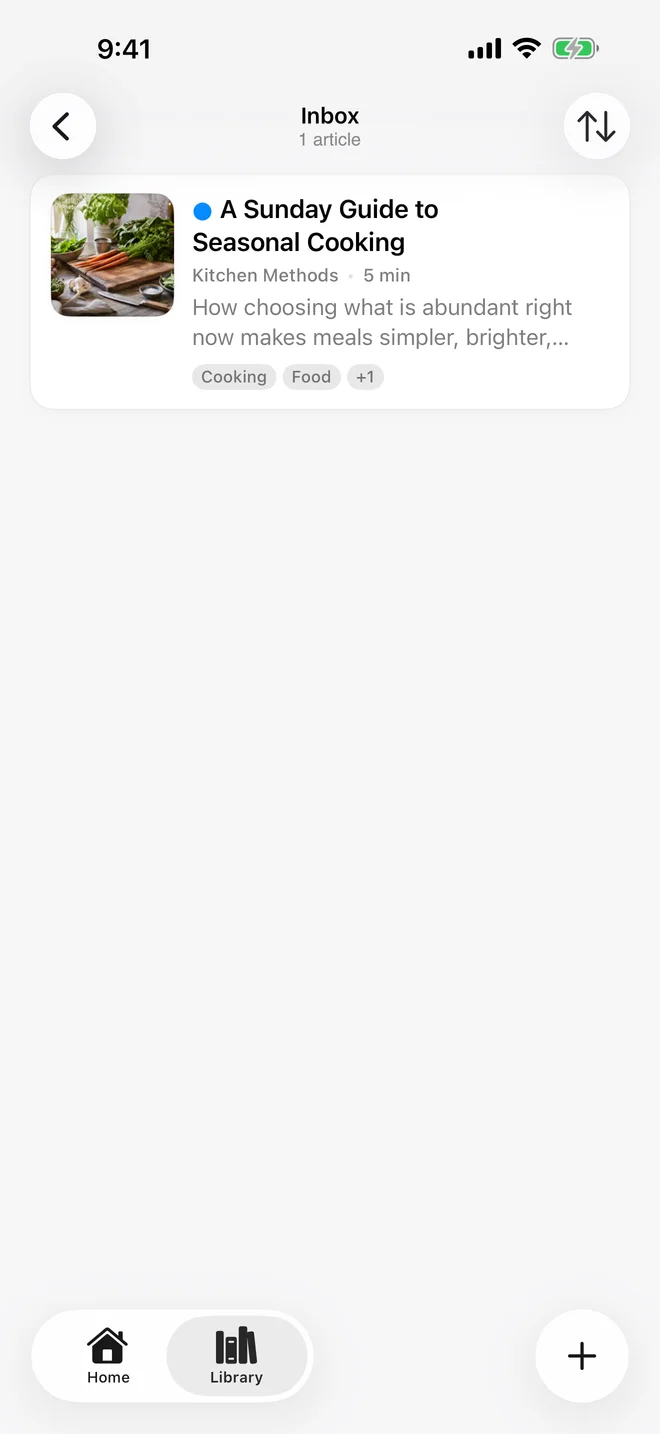 PagePanda Inbox showing a saved article with its reading time and tags.
