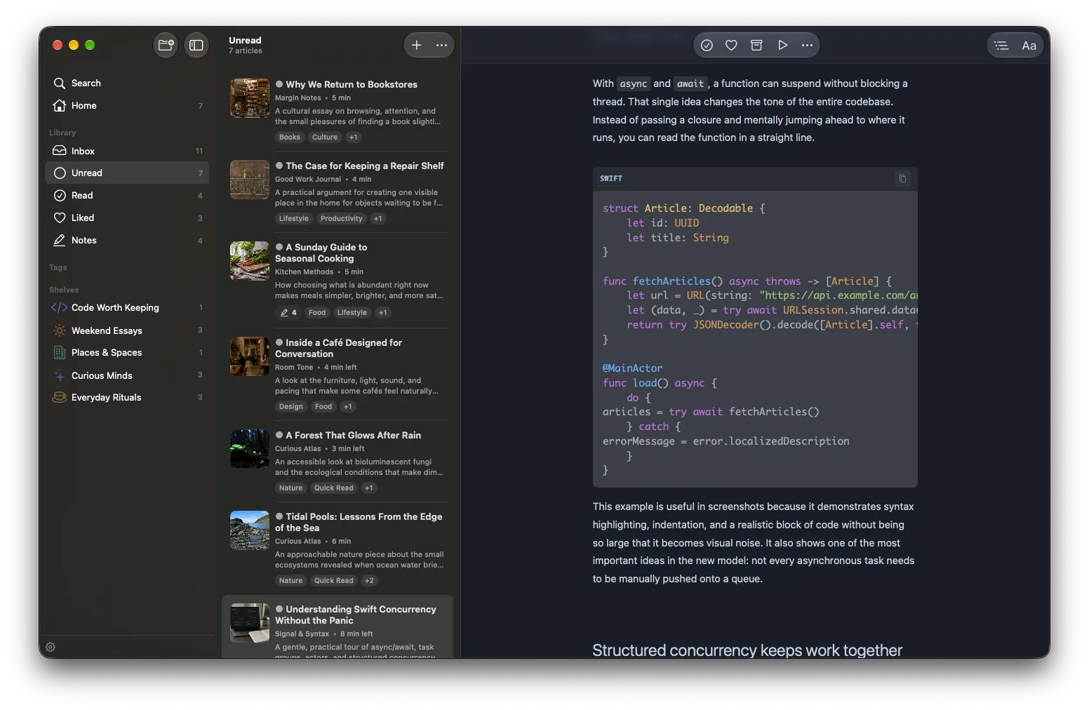 Swift code with syntax highlighting in the PagePanda reader on Mac.