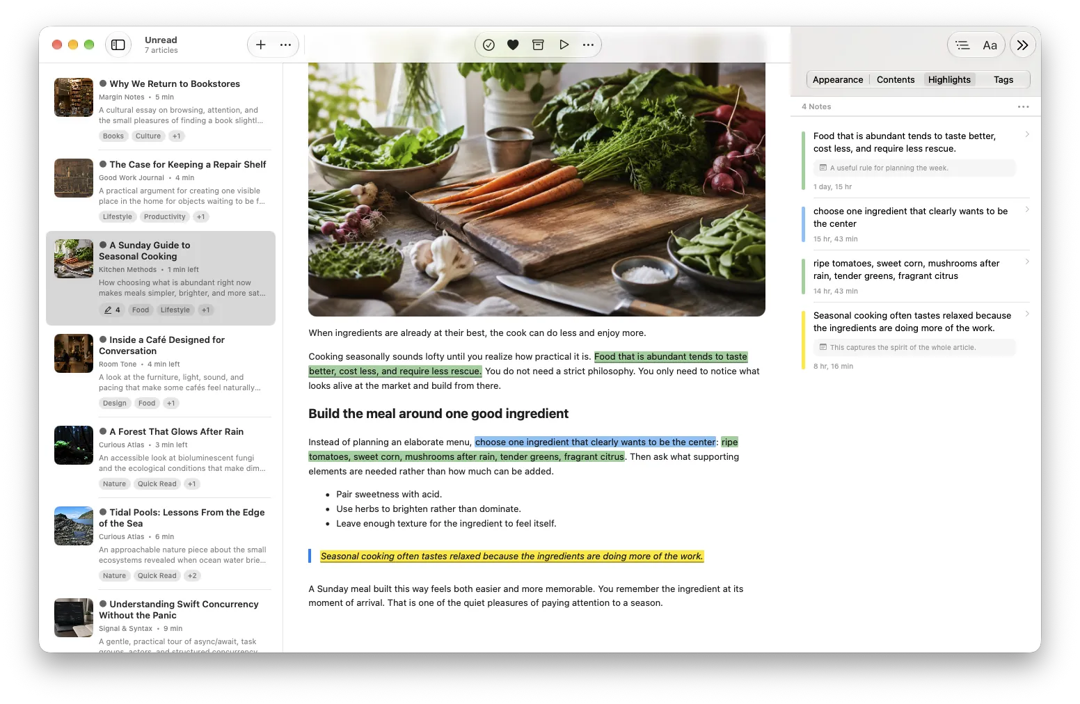 Highlights and notes beside an article in PagePanda on Mac.