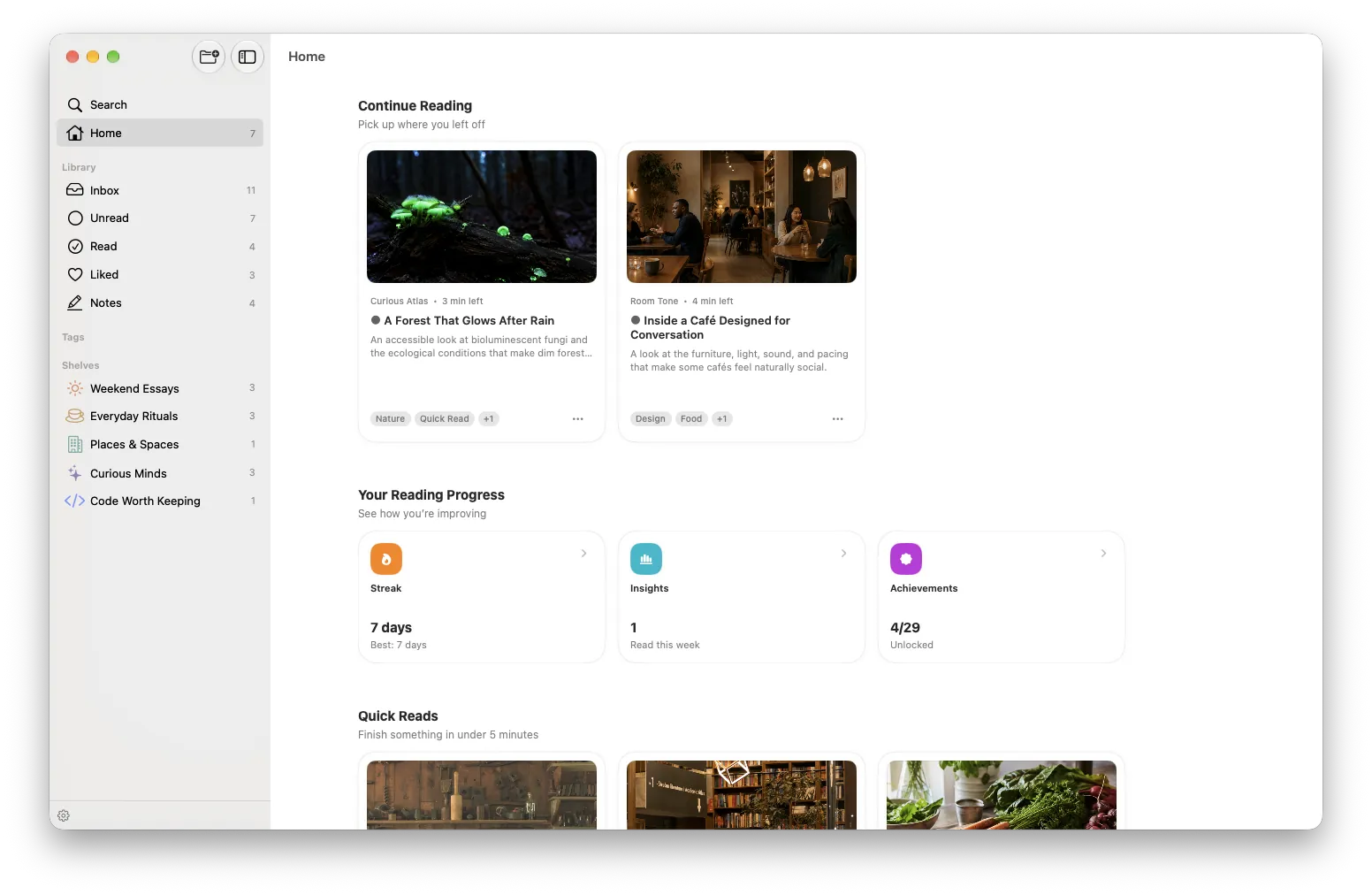 PagePanda Home on Mac, with Continue Reading and a seven-day streak.