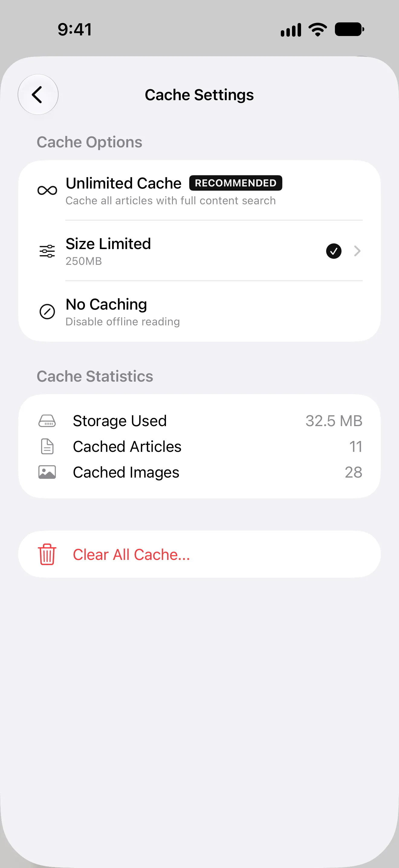 PagePanda cache options for offline reading on iPhone.