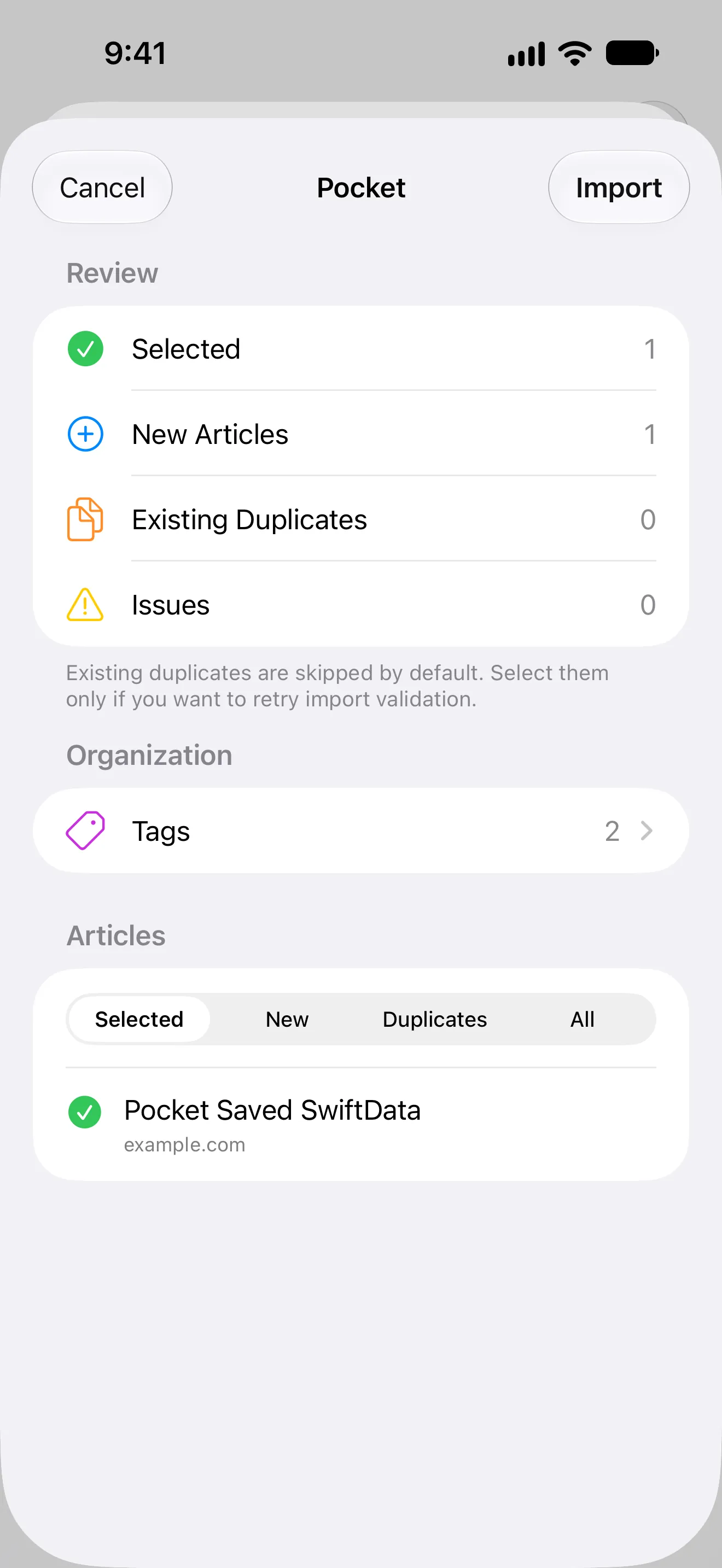 PagePanda reviewing a Pocket CSV import.