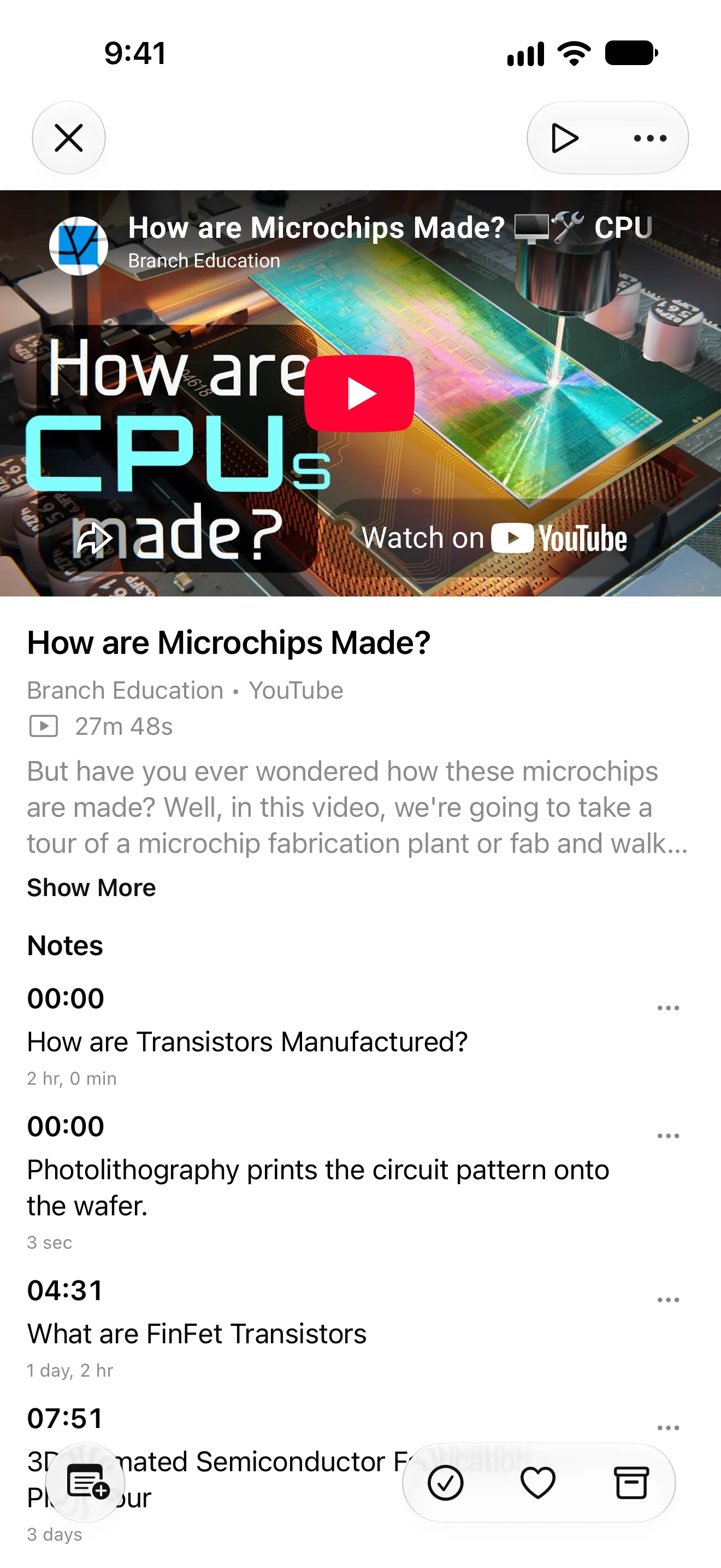 A timestamped note on a saved YouTube video in PagePanda.